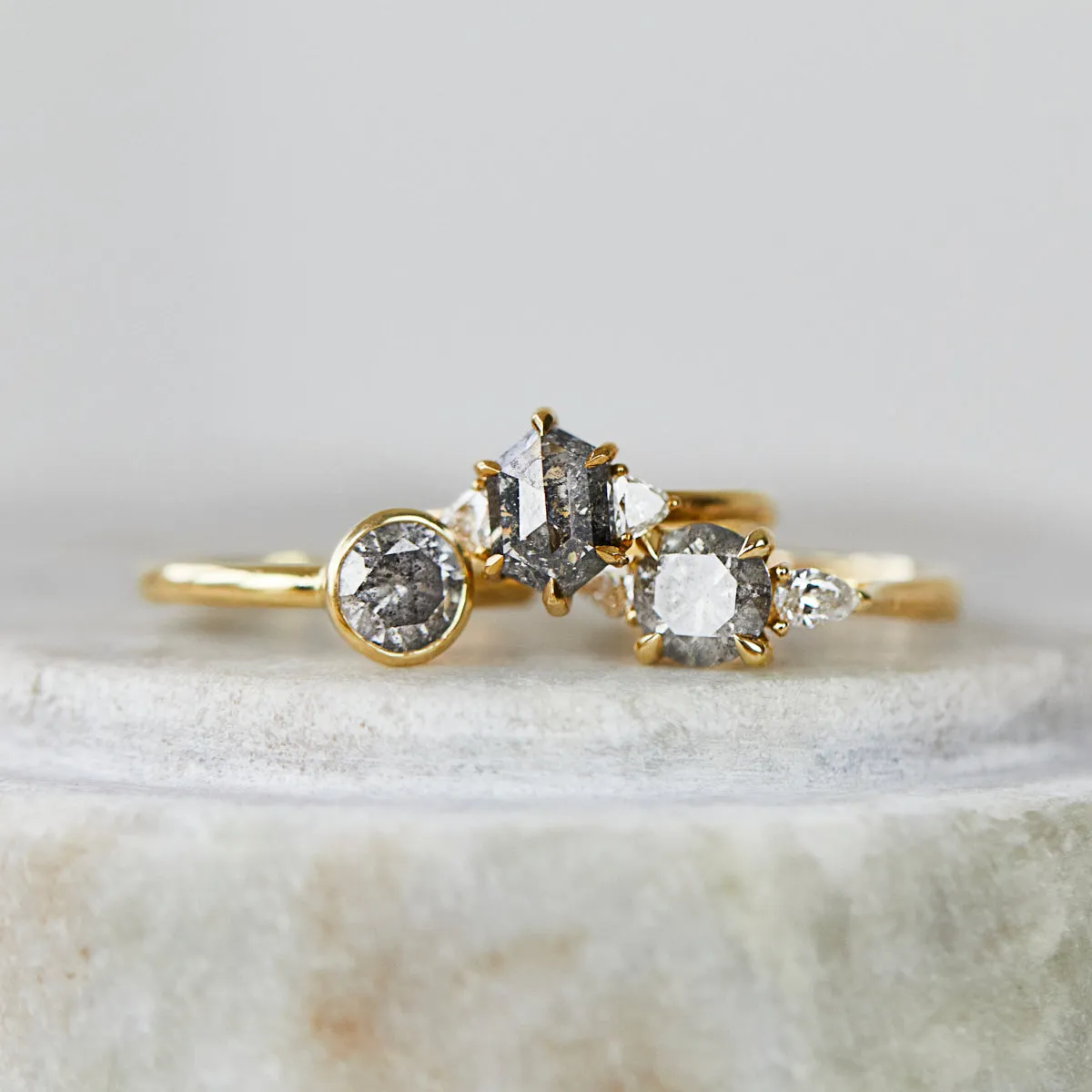 1.46ct Salt and Pepper Diamond Round Diamond Trilogy Engagement Ring, Luna Setting