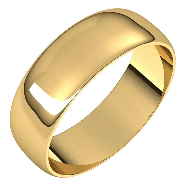 14K Yellow Gold Half Round Ultra-Light Wedding Band, 6 mm Wide