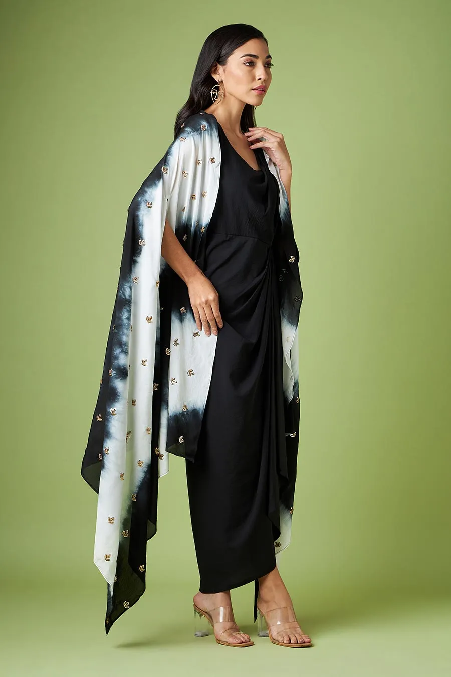 Black Drape Dress With Embellished Cape