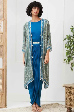 Blue Bandej Drape Dress with Printed Jacket