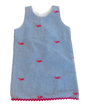 Blue Gingham Seersucker Dress with Red Embroidered Whales