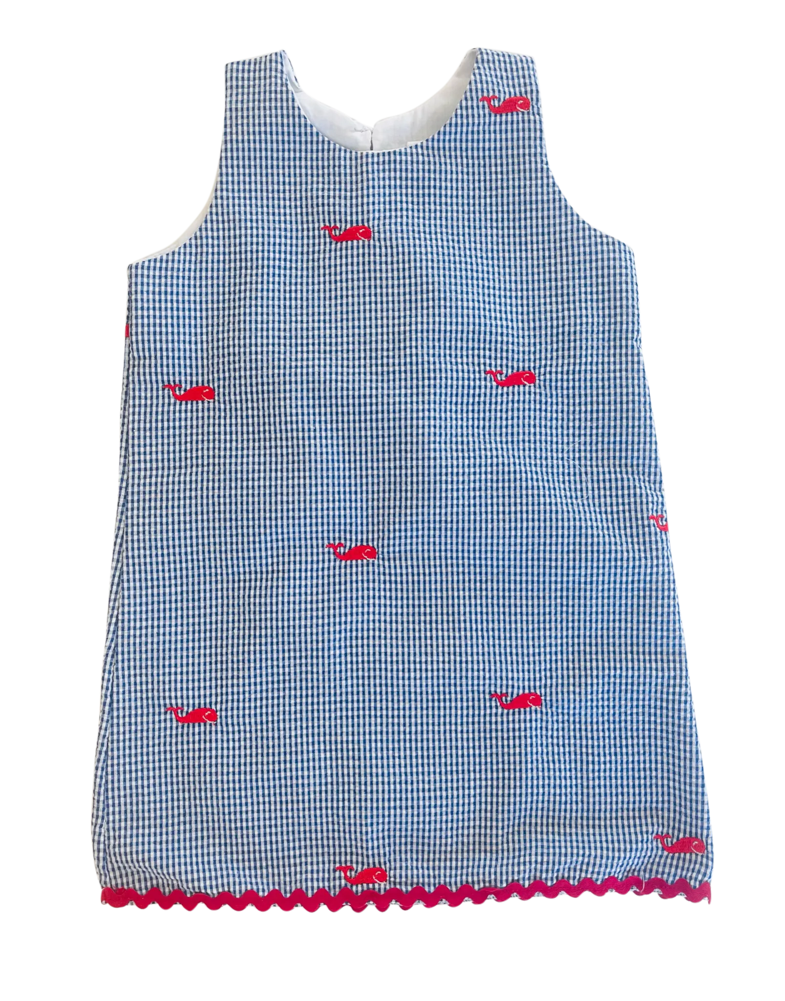 Blue Gingham Seersucker Dress with Red Embroidered Whales