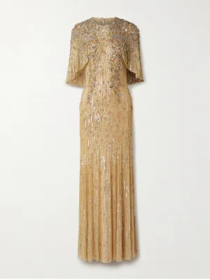 Cape-effect embellished tulle gown