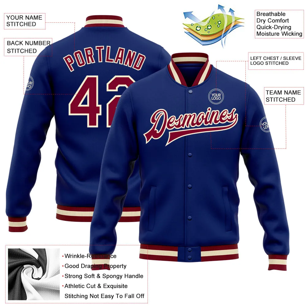 Custom Royal Maroon-Cream Bomber Full-Snap Varsity Letterman Jacket
