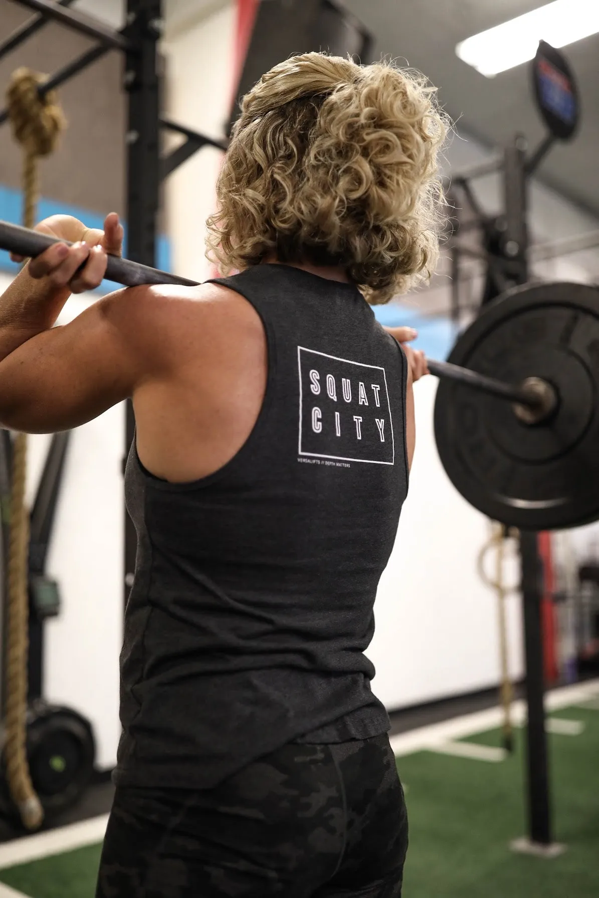 Dark Heather Grey VersaLifts™ squat city muscle tank