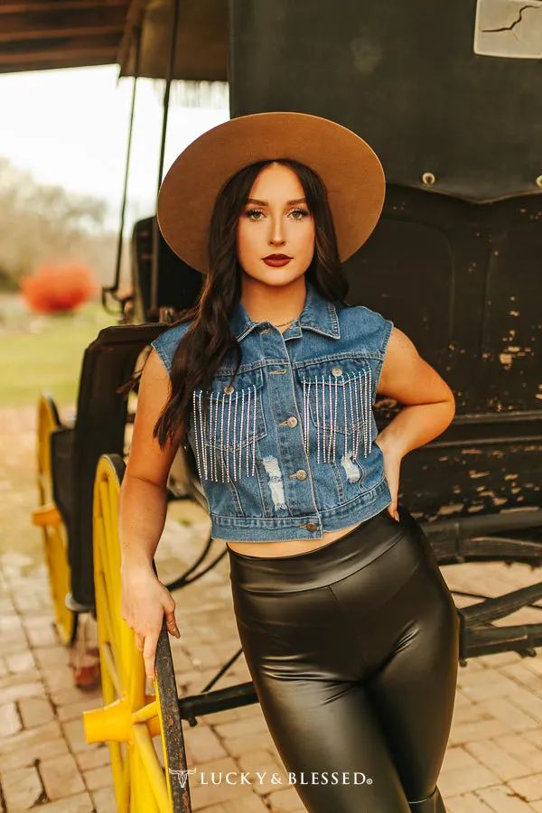 Denim Distressed Bling Fringe Vest Bourbon Cowgirl