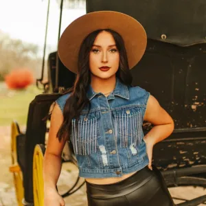 Denim Distressed Bling Fringe Vest Bourbon Cowgirl