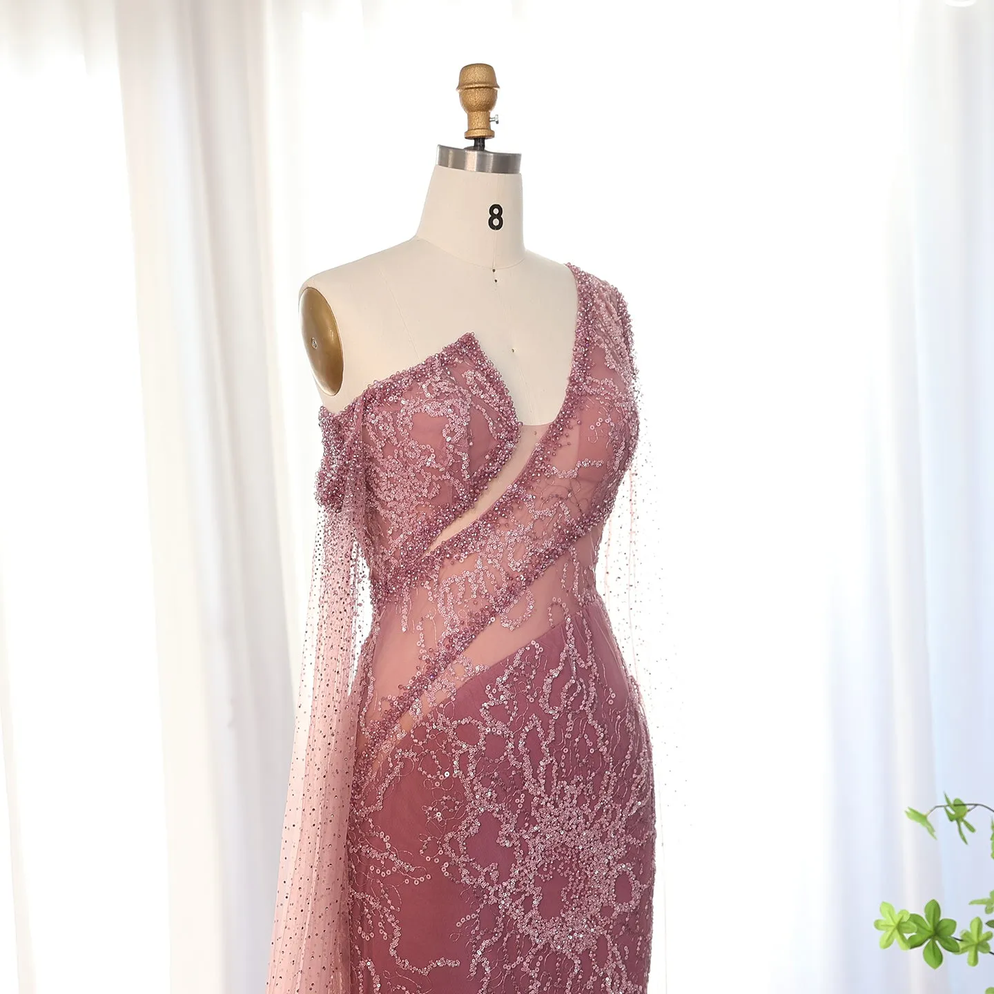 Elegant Pink One Shoulder Cape Sleeves Side Slit Evening Dress SS135