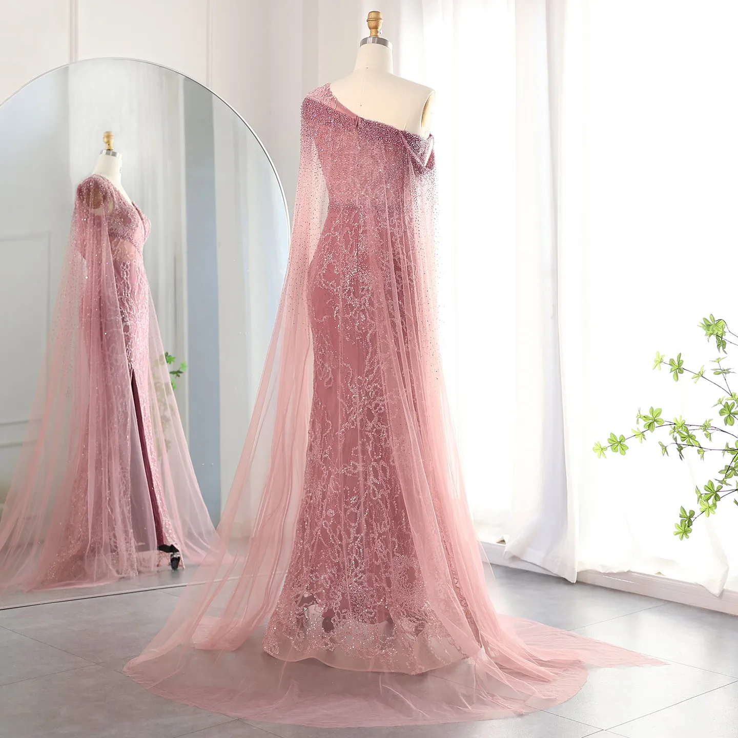 Elegant Pink One Shoulder Cape Sleeves Side Slit Evening Dress SS135