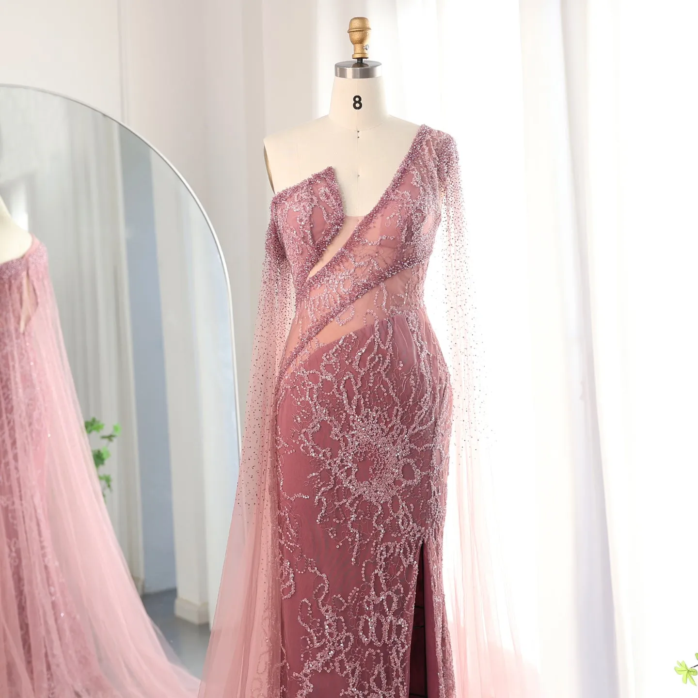 Elegant Pink One Shoulder Cape Sleeves Side Slit Evening Dress SS135