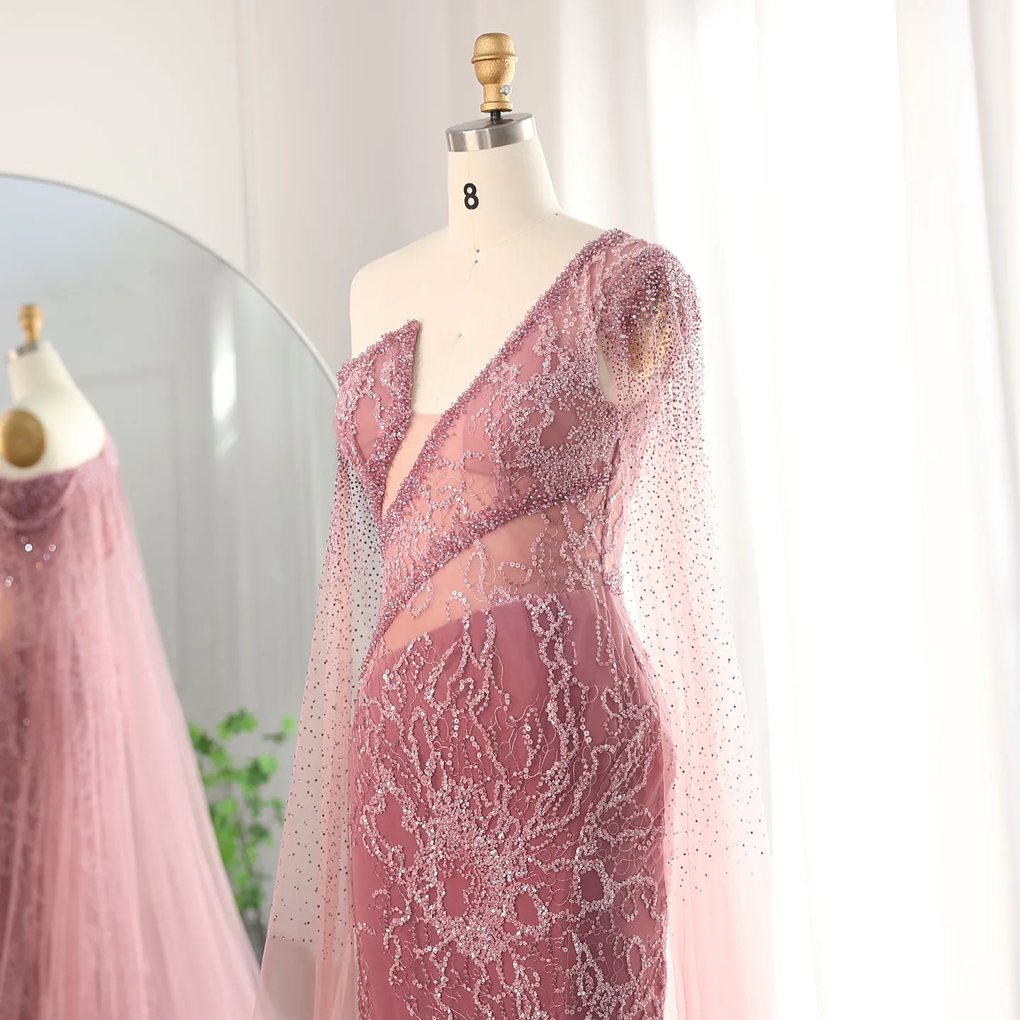 Elegant Pink One Shoulder Cape Sleeves Side Slit Evening Dress SS135
