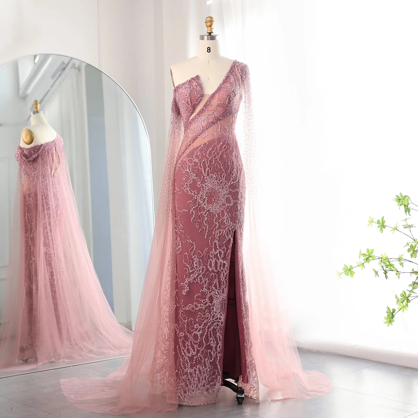Elegant Pink One Shoulder Cape Sleeves Side Slit Evening Dress SS135