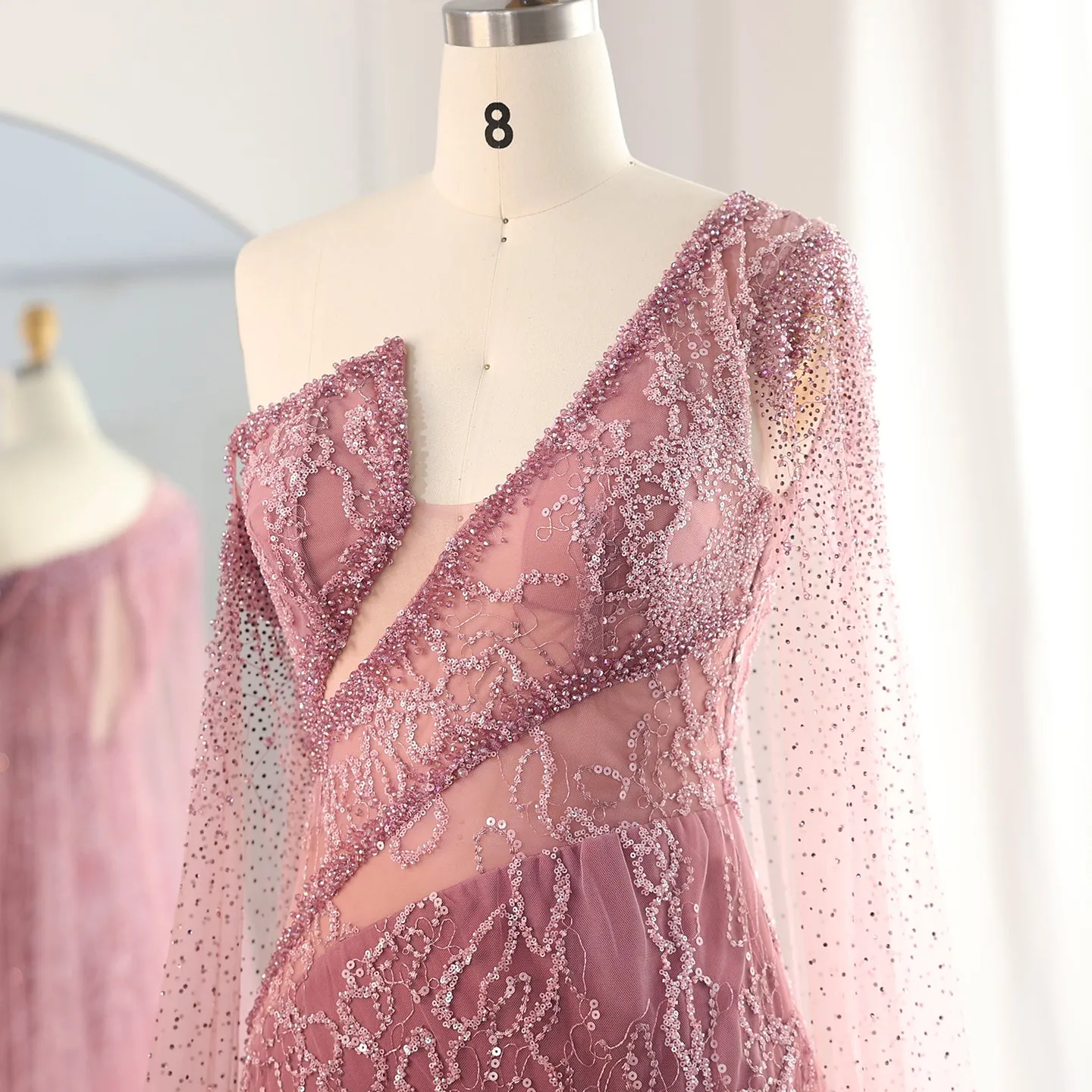 Elegant Pink One Shoulder Cape Sleeves Side Slit Evening Dress SS135