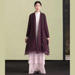 Elegant purple wool overcoat Loose fitting embroidery Winter coat patchwork jacket