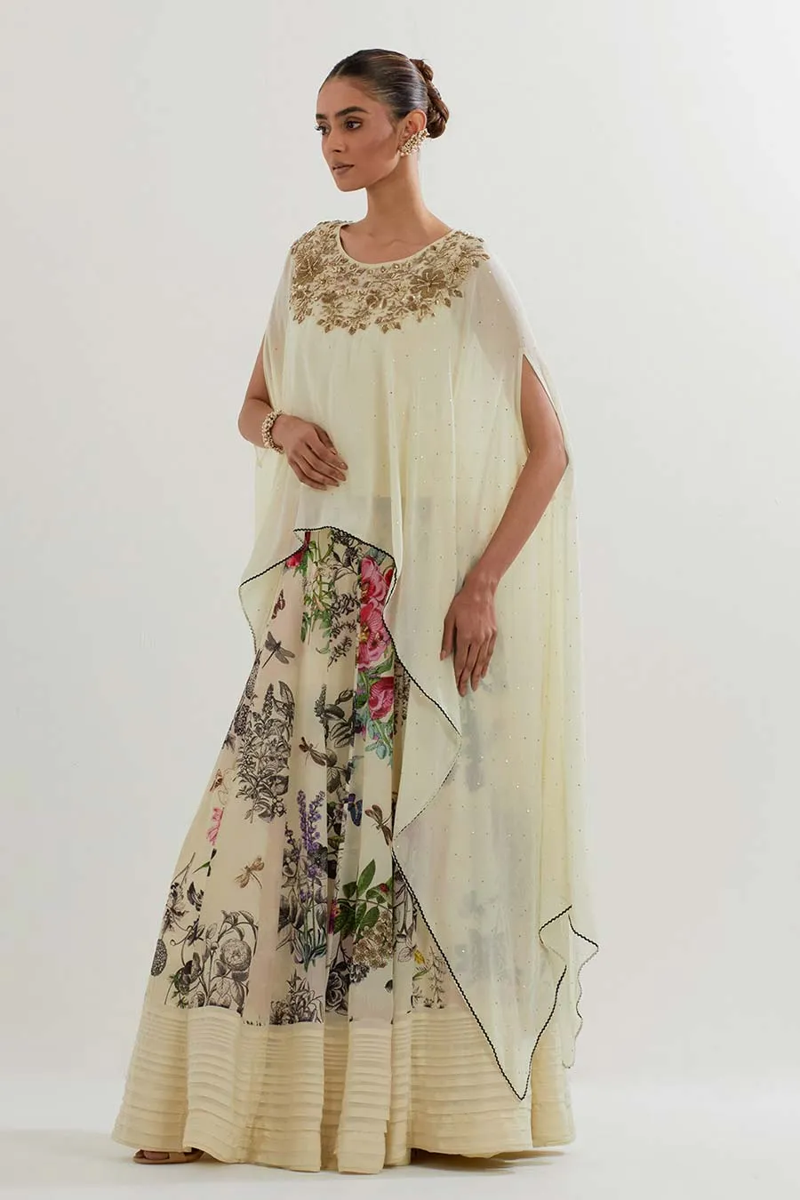 Embroidered Georgette Cape & Printed Skirt Set
