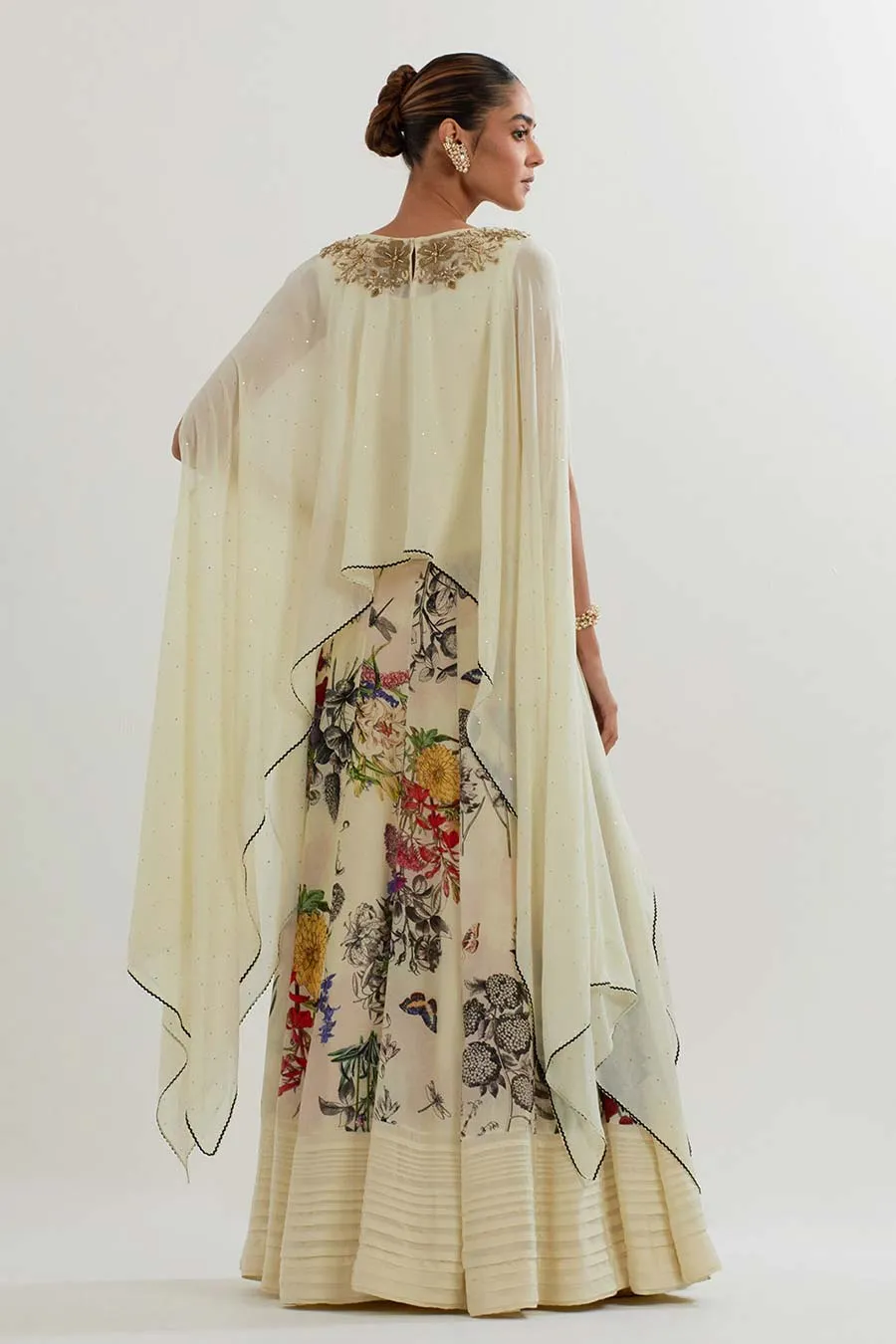 Embroidered Georgette Cape & Printed Skirt Set