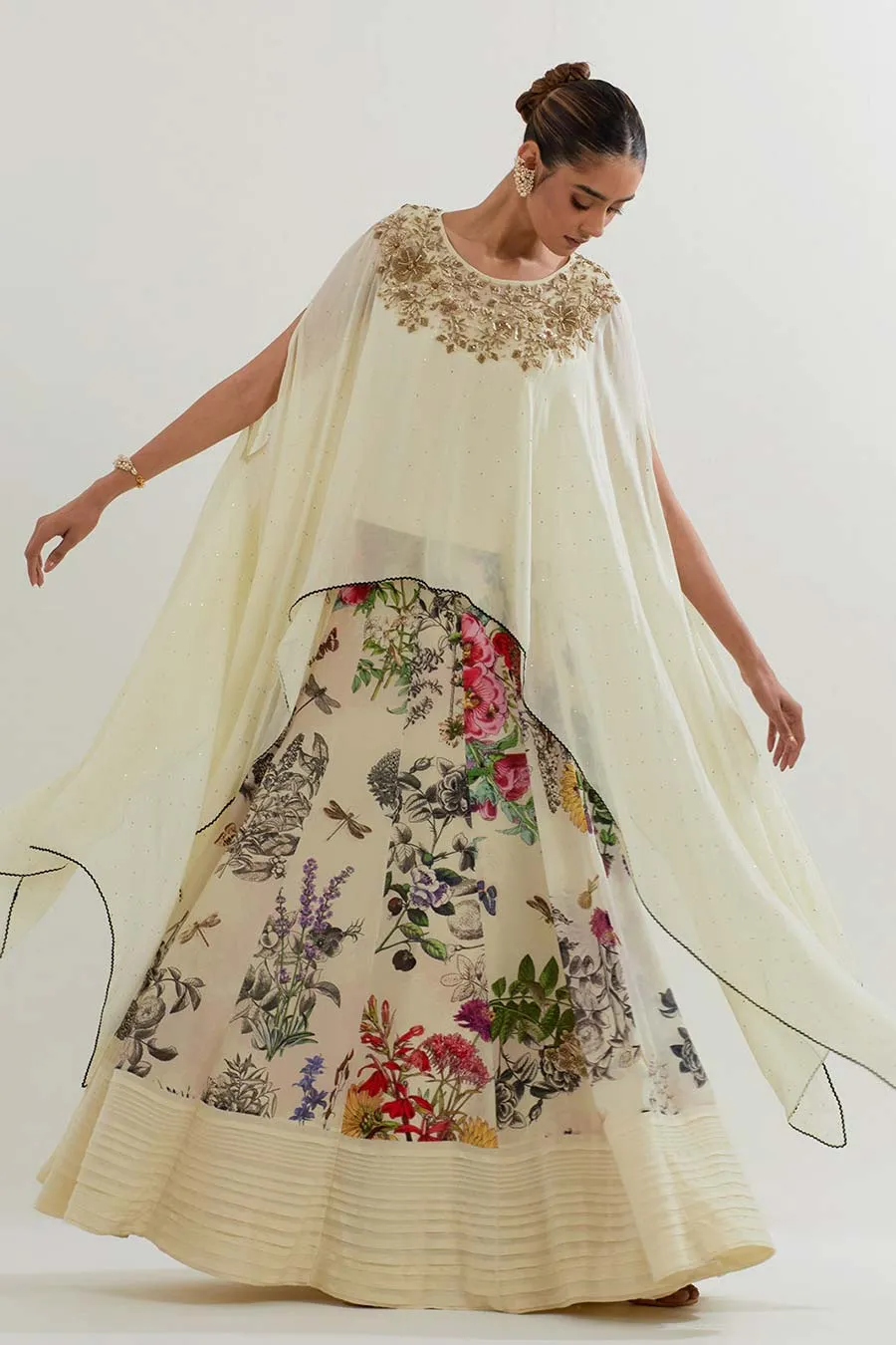 Embroidered Georgette Cape & Printed Skirt Set