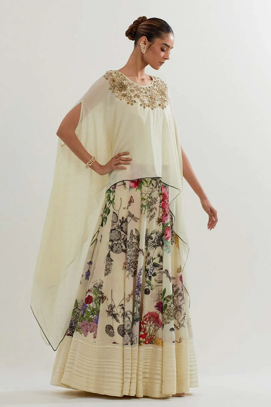Embroidered Georgette Cape & Printed Skirt Set