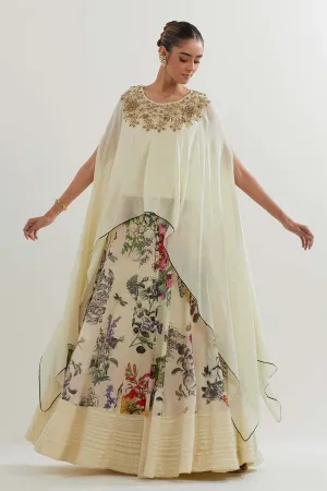 Embroidered Georgette Cape & Printed Skirt Set
