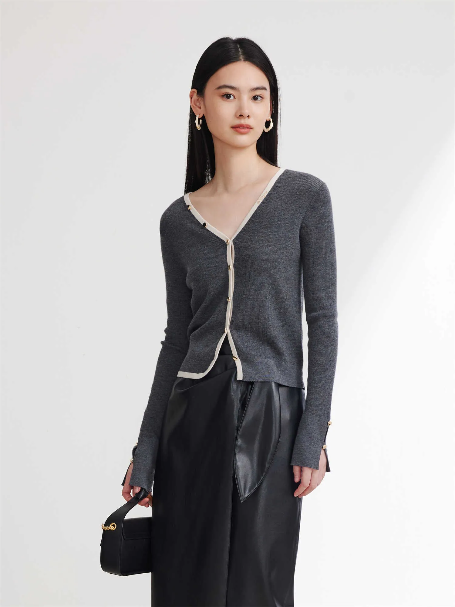 EP YAYING Wool V-neck Knitted Cardigan