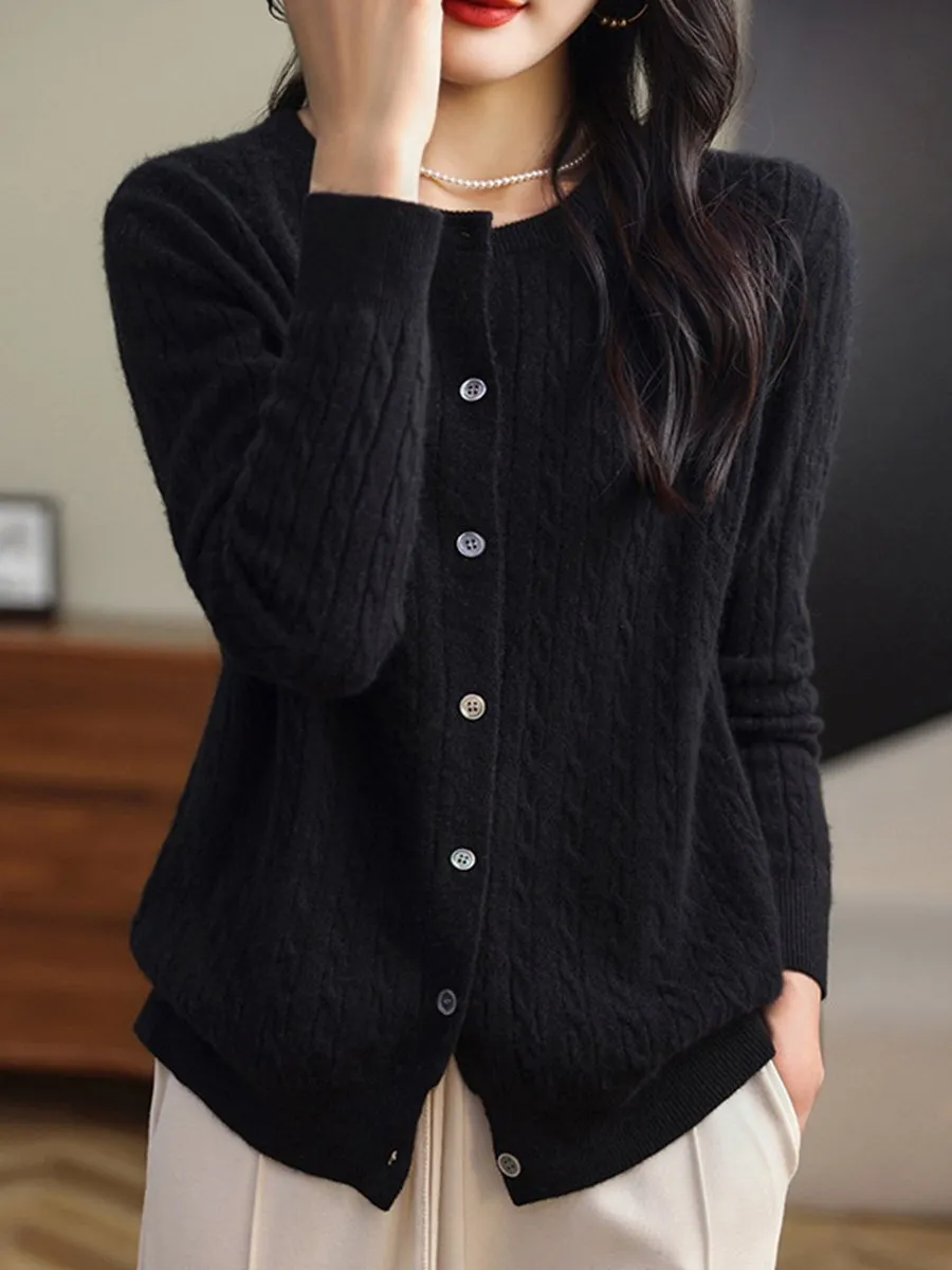 Fashion Round Neck Slim Fit Cable Knit Cardigan