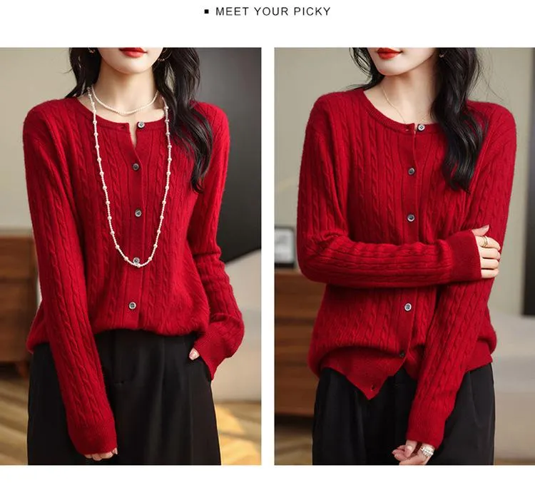 Fashion Round Neck Slim Fit Cable Knit Cardigan
