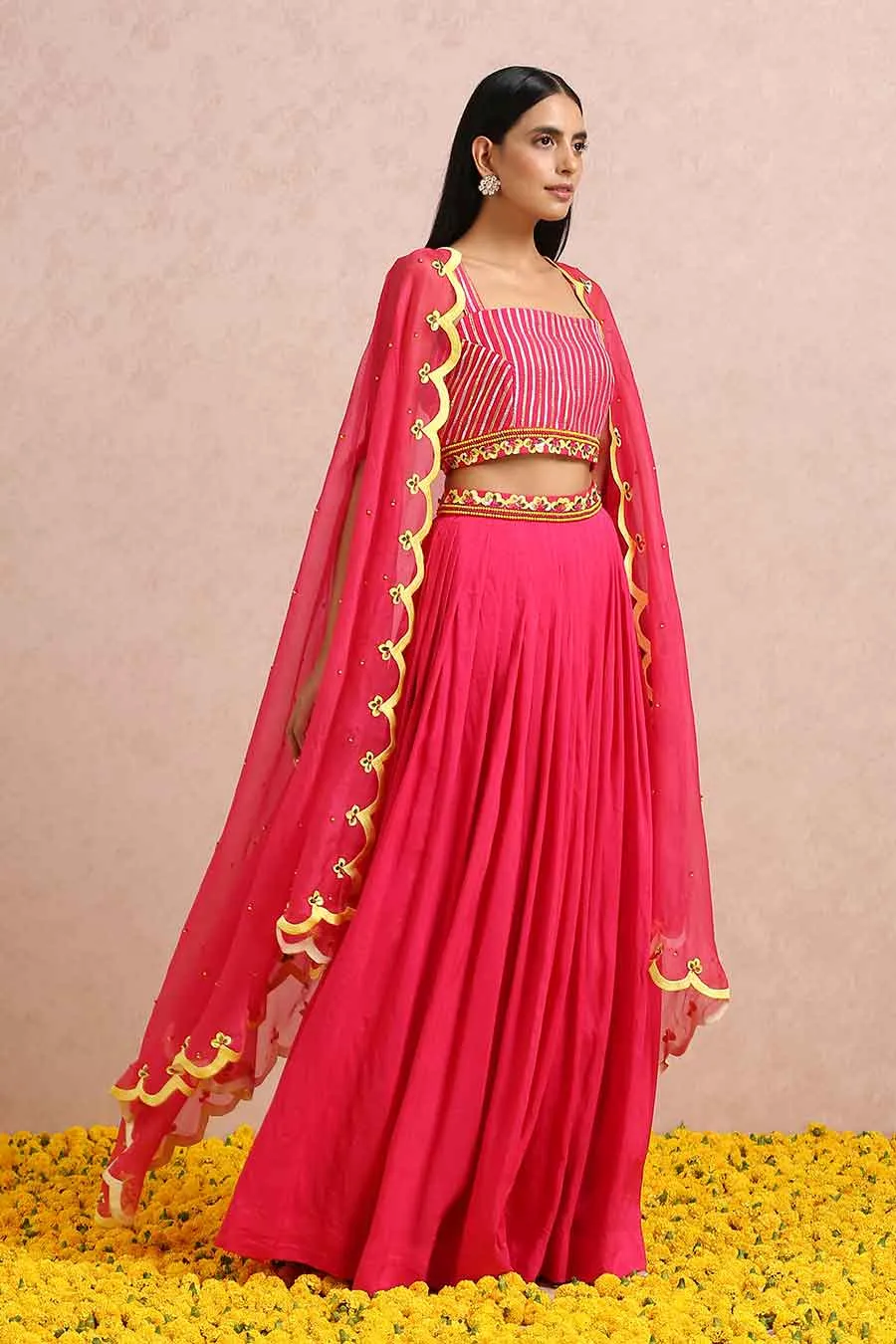 Fuschia Silk Skirt Set With Organza Cape