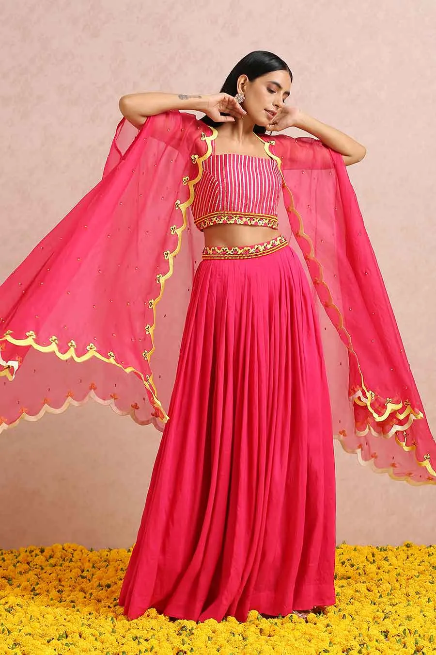 Fuschia Silk Skirt Set With Organza Cape