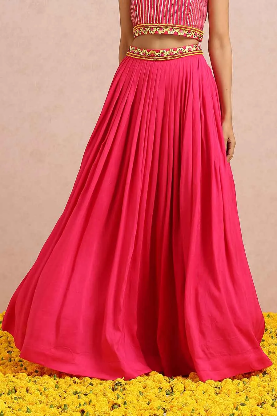 Fuschia Silk Skirt Set With Organza Cape