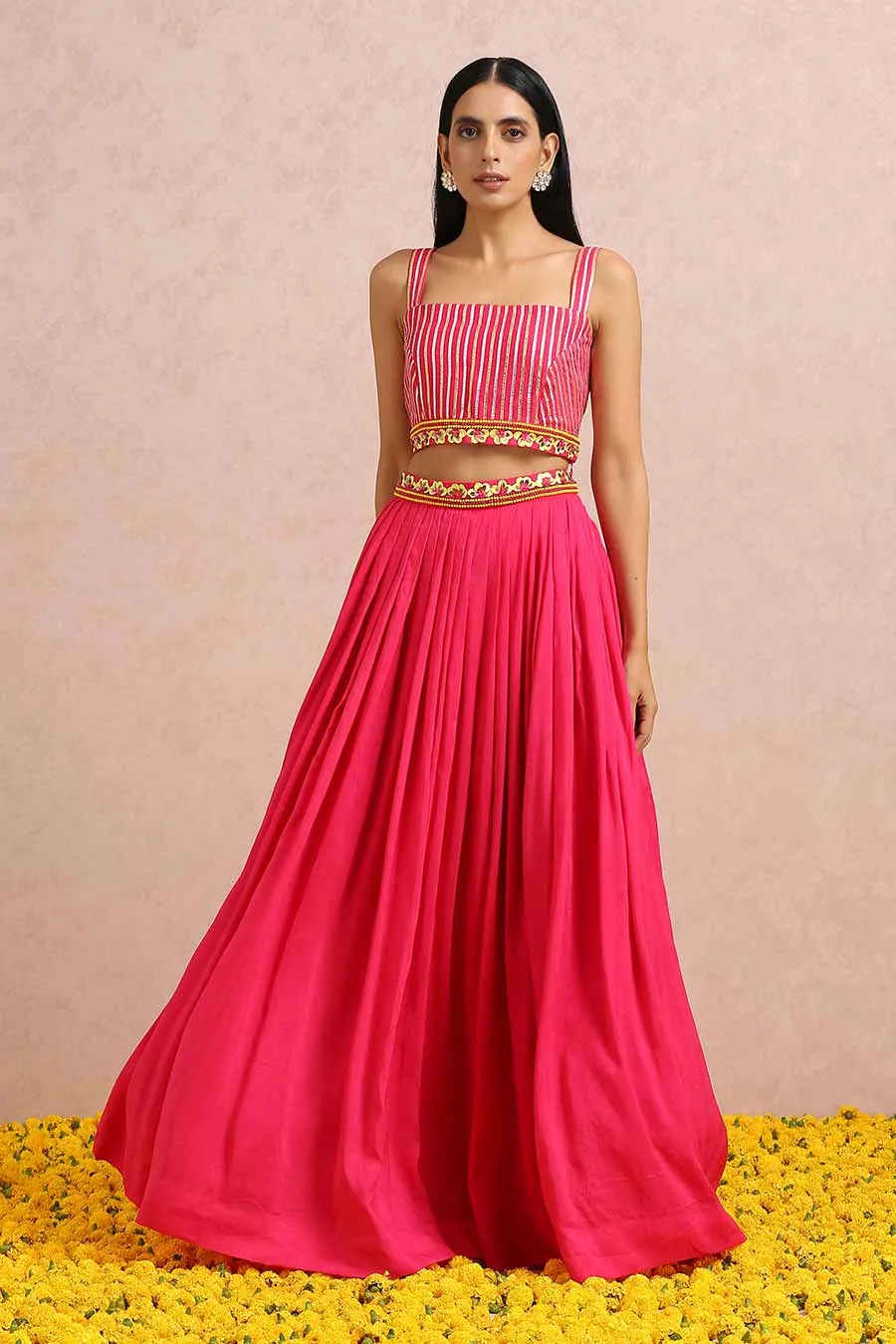 Fuschia Silk Skirt Set With Organza Cape