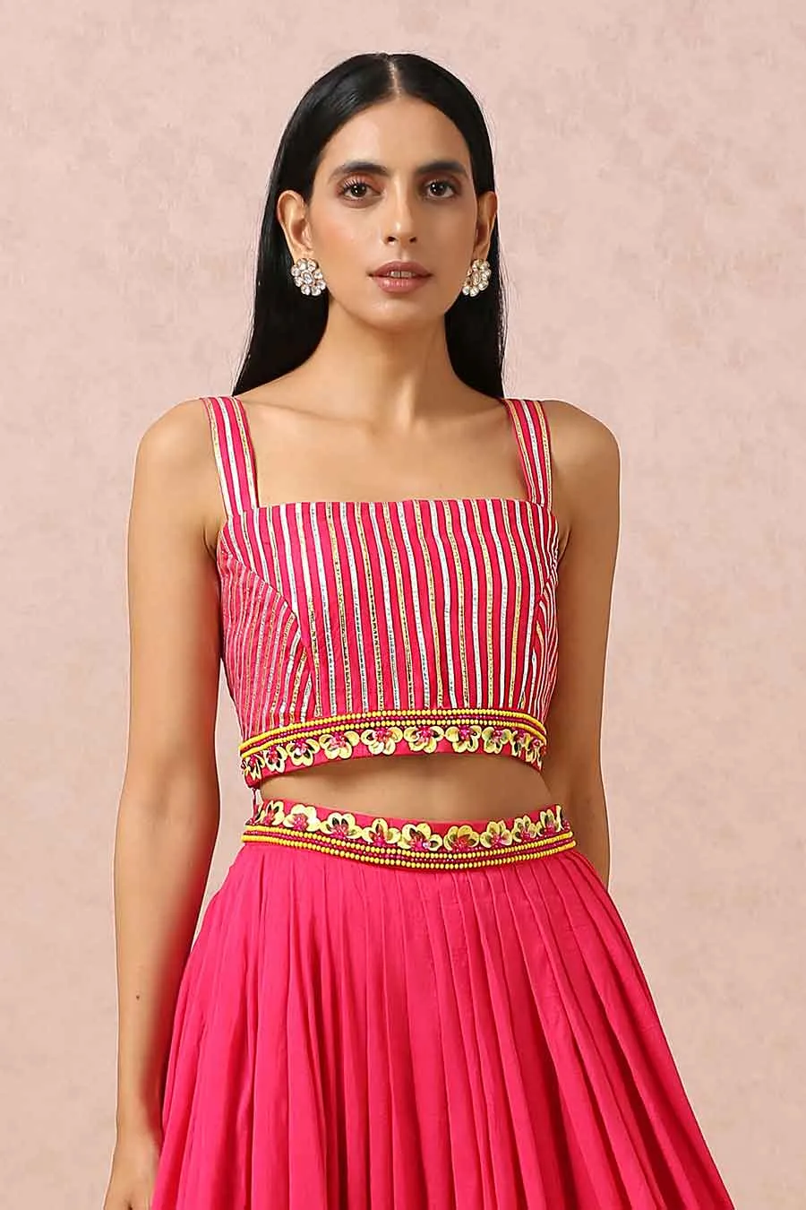 Fuschia Silk Skirt Set With Organza Cape