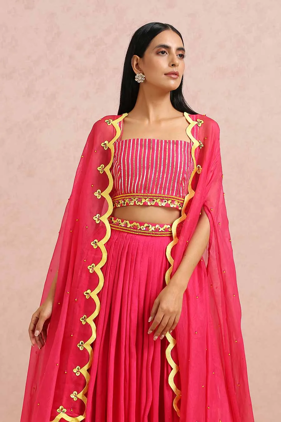 Fuschia Silk Skirt Set With Organza Cape