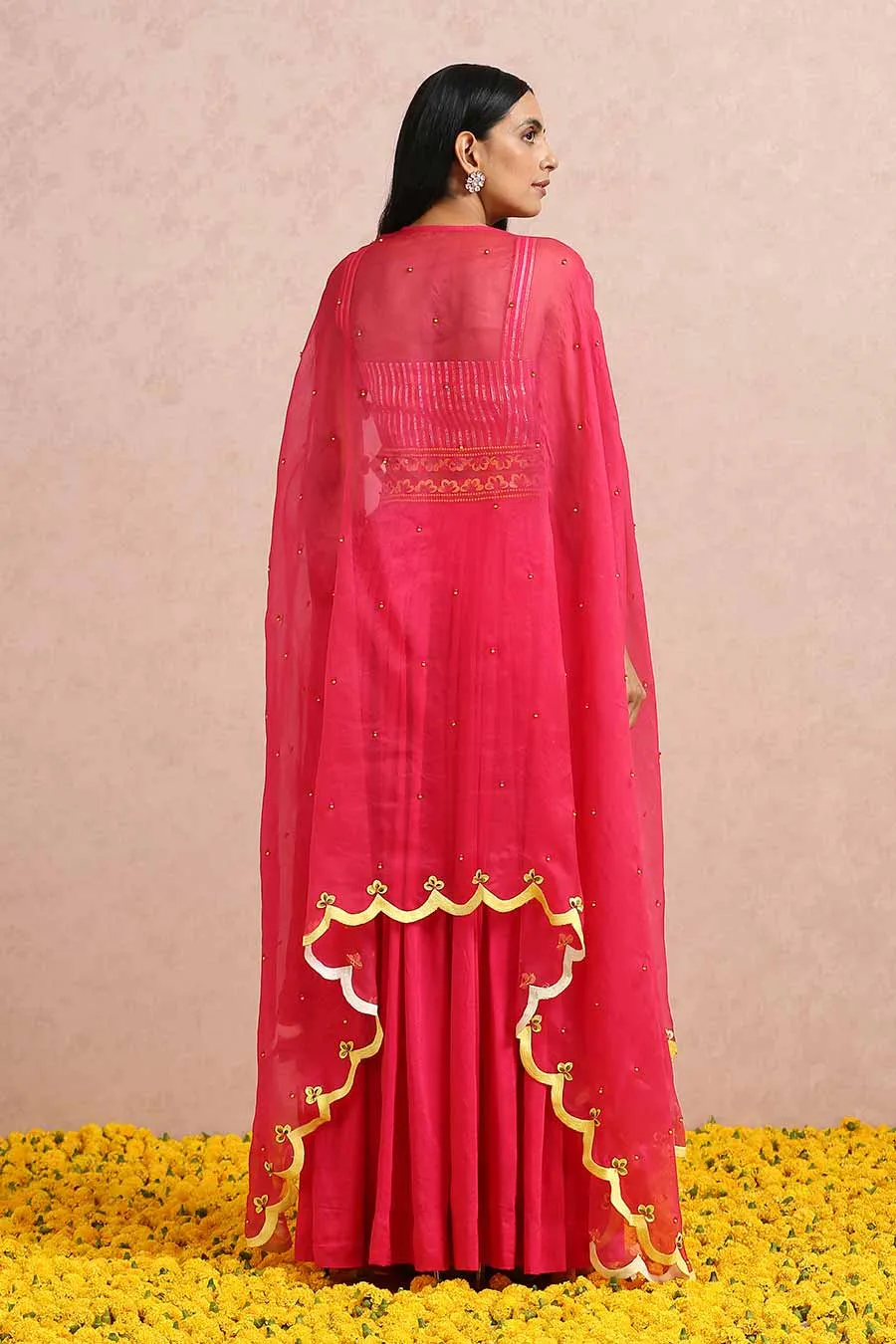Fuschia Silk Skirt Set With Organza Cape