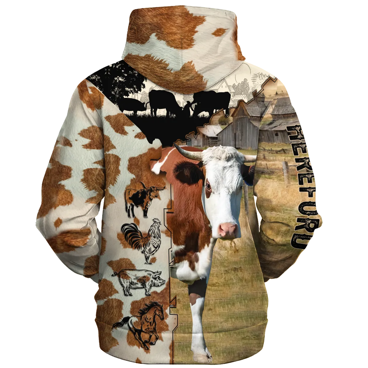 Hereford Fur Pattern On The Farm Hoodie, Hereford 3D Print On Hoodie