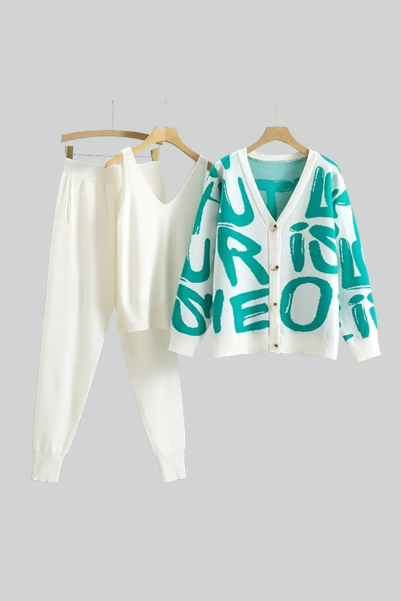 Joskaa Letter Printed Cardigan Vest Long Pant Three Piece Set