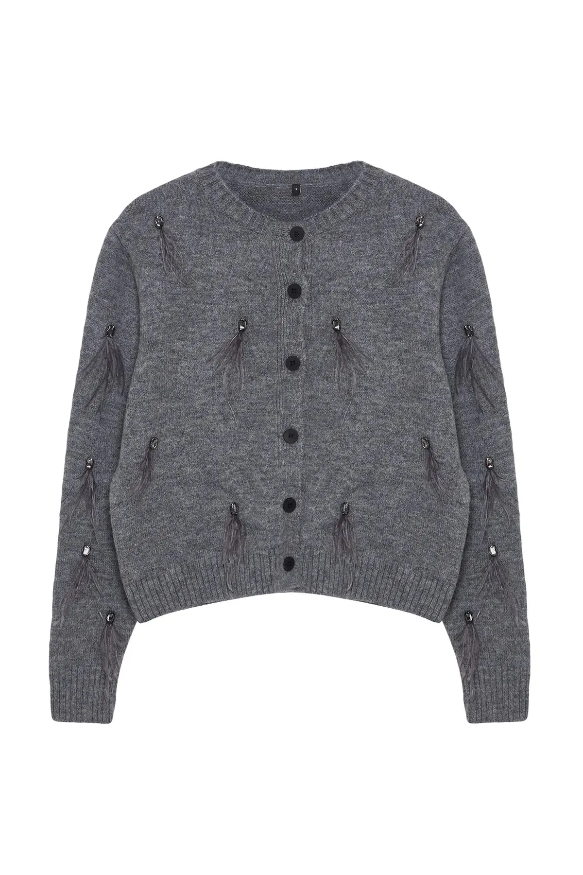 Limited Edition Anthracite Soft Texture Stone and Feather Detailed Knitted Cardigan