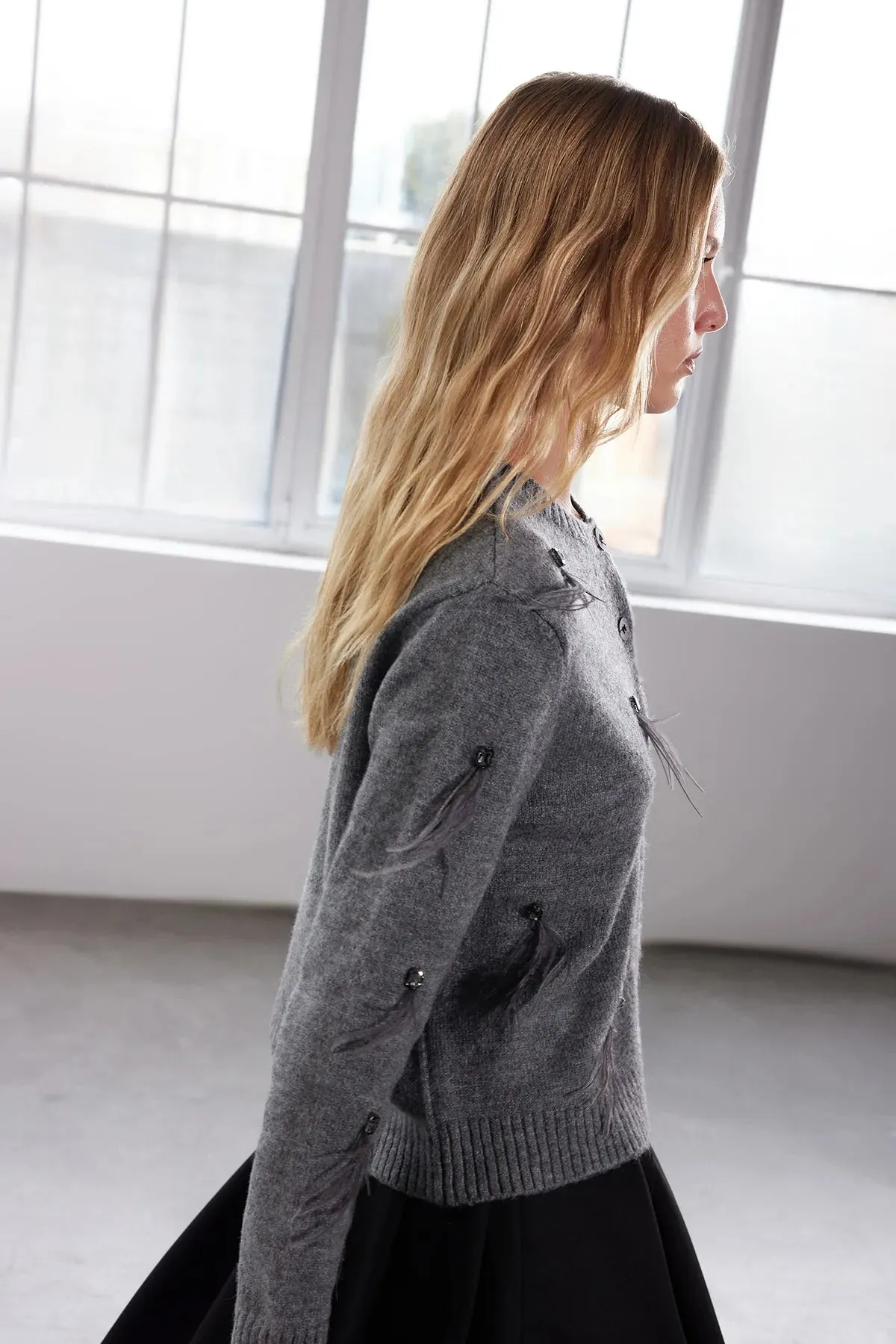 Limited Edition Anthracite Soft Texture Stone and Feather Detailed Knitted Cardigan