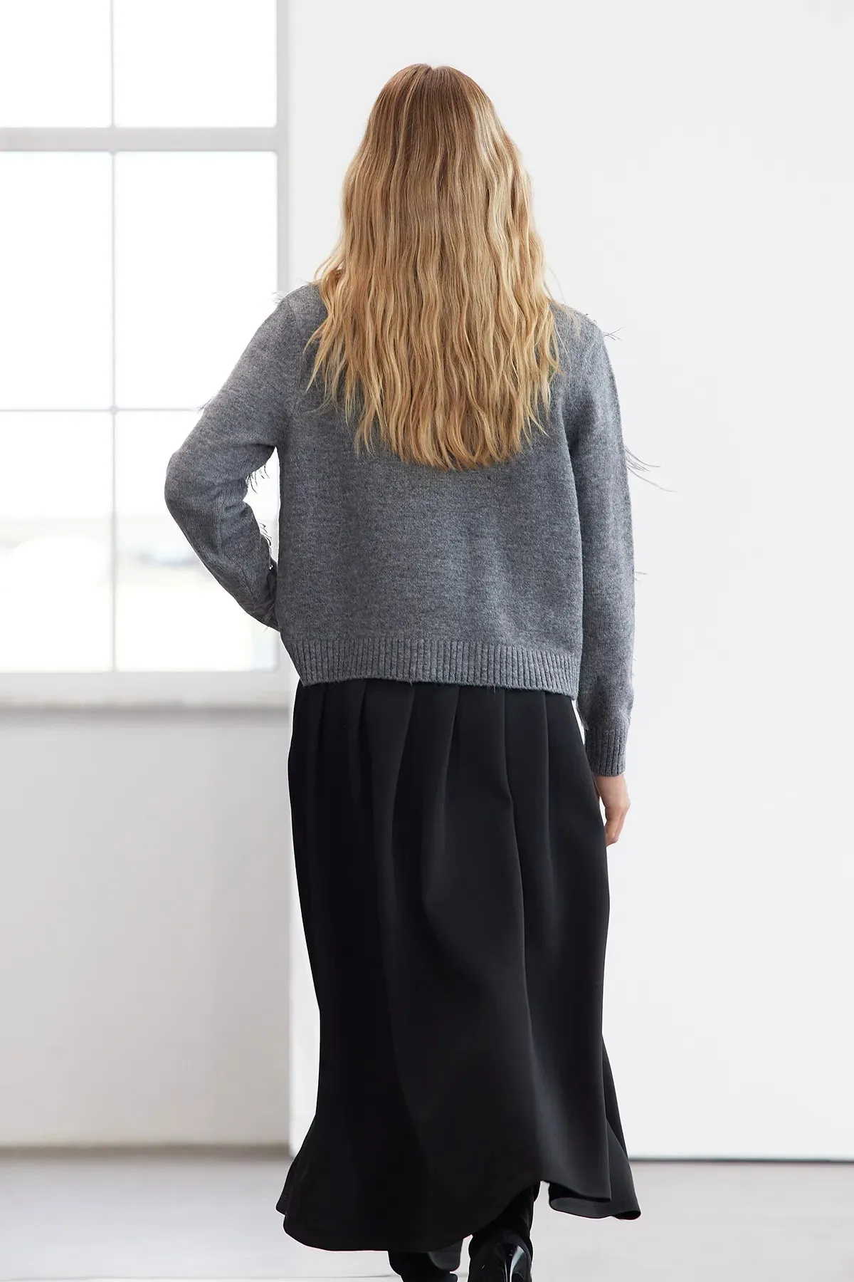 Limited Edition Anthracite Soft Texture Stone and Feather Detailed Knitted Cardigan