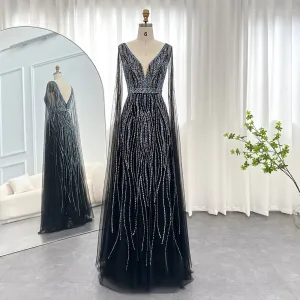 Luxury Black Evening Dress with Cape Sleeves SS198
