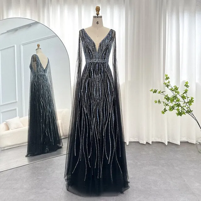 Luxury Black Evening Dress with Cape Sleeves SS198