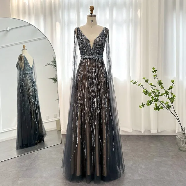 Luxury Black Evening Dress with Cape Sleeves SS198