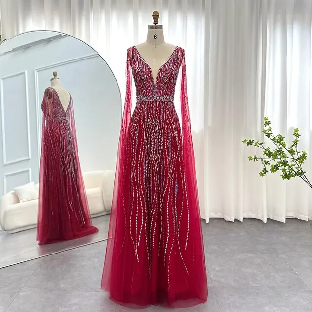 Luxury Black Evening Dress with Cape Sleeves SS198
