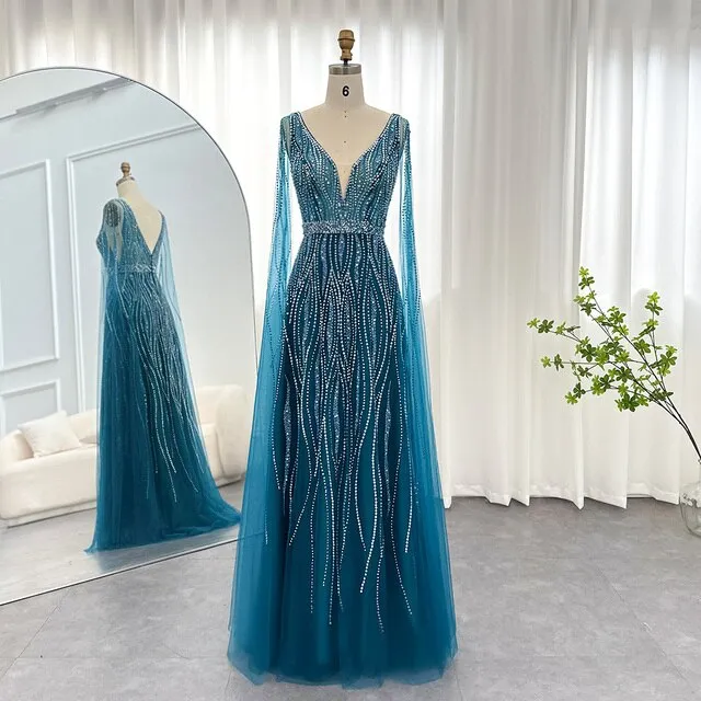 Luxury Black Evening Dress with Cape Sleeves SS198