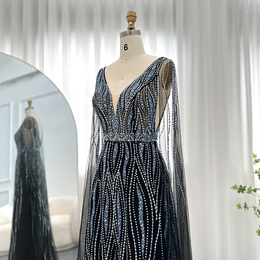 Luxury Black Evening Dress with Cape Sleeves SS198