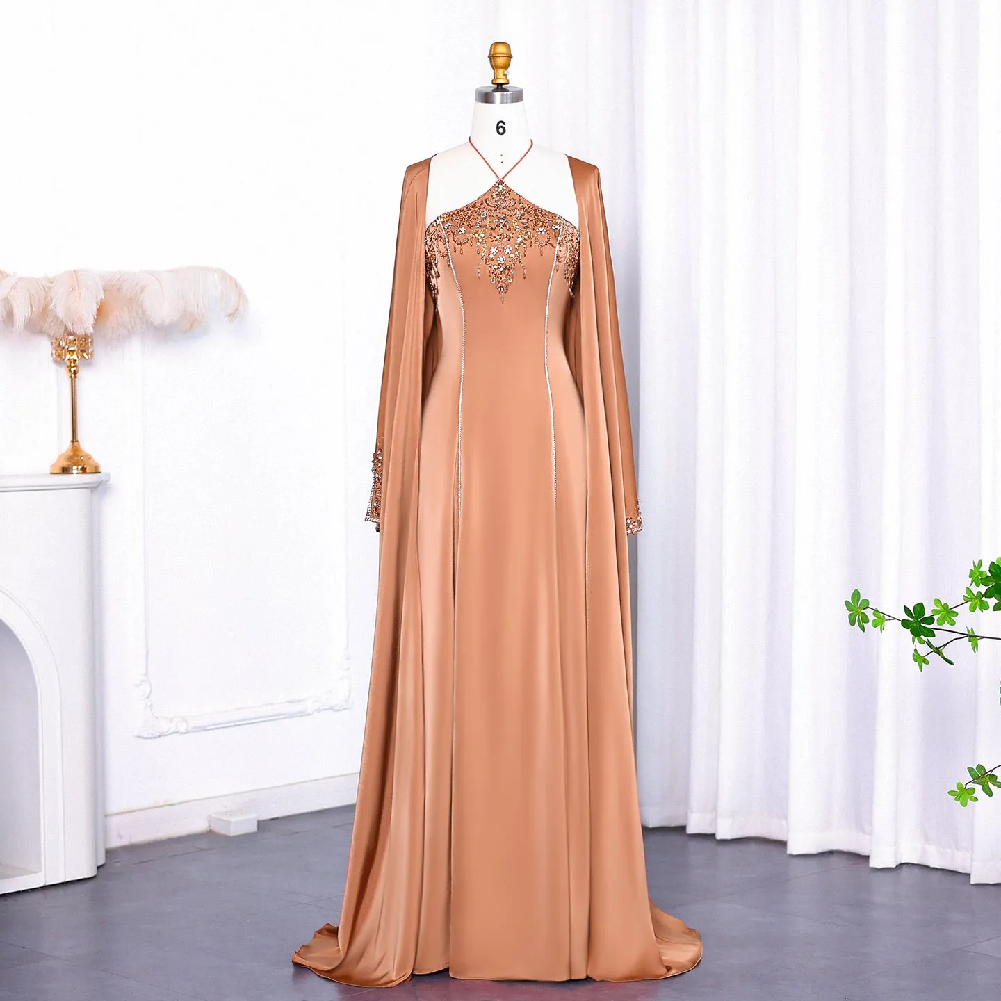 Luxury Sage Green Halter Evening Dress with Cape SS301