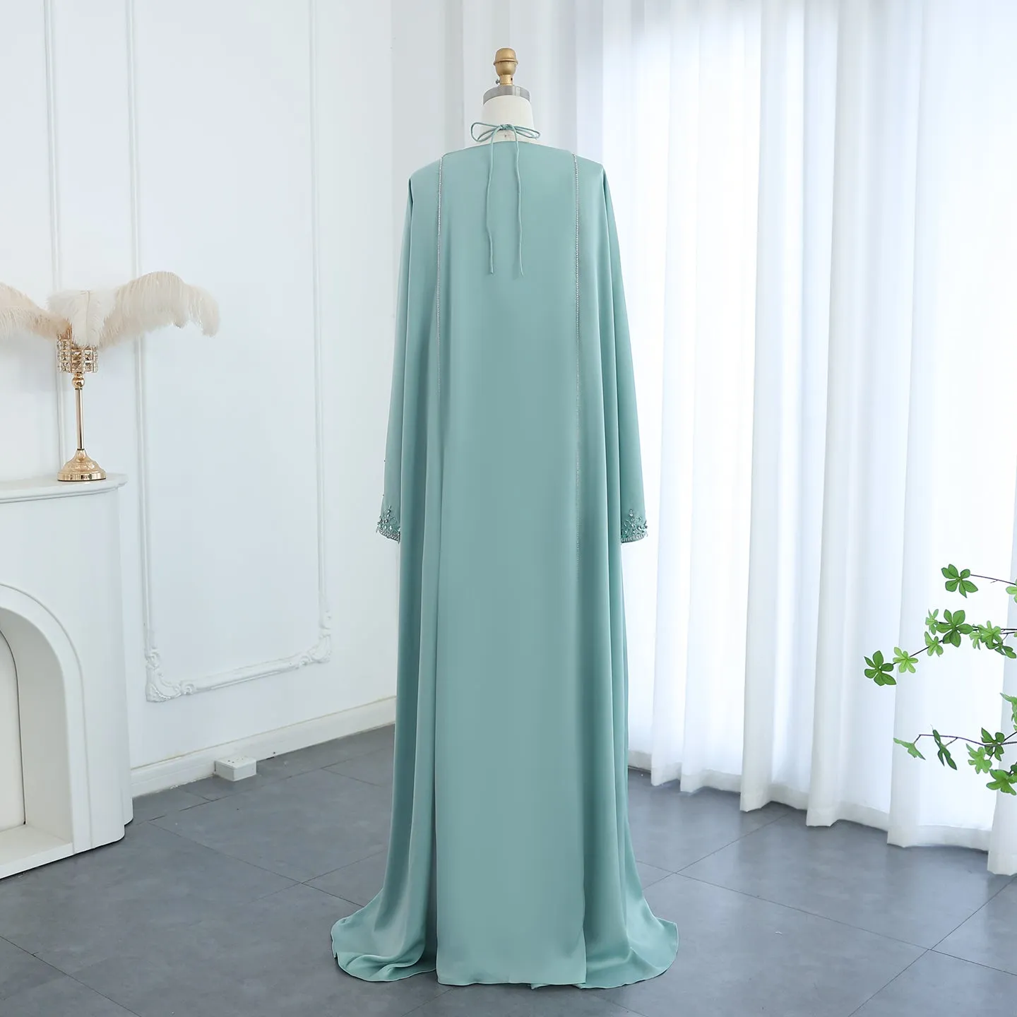 Luxury Sage Green Halter Evening Dress with Cape SS301