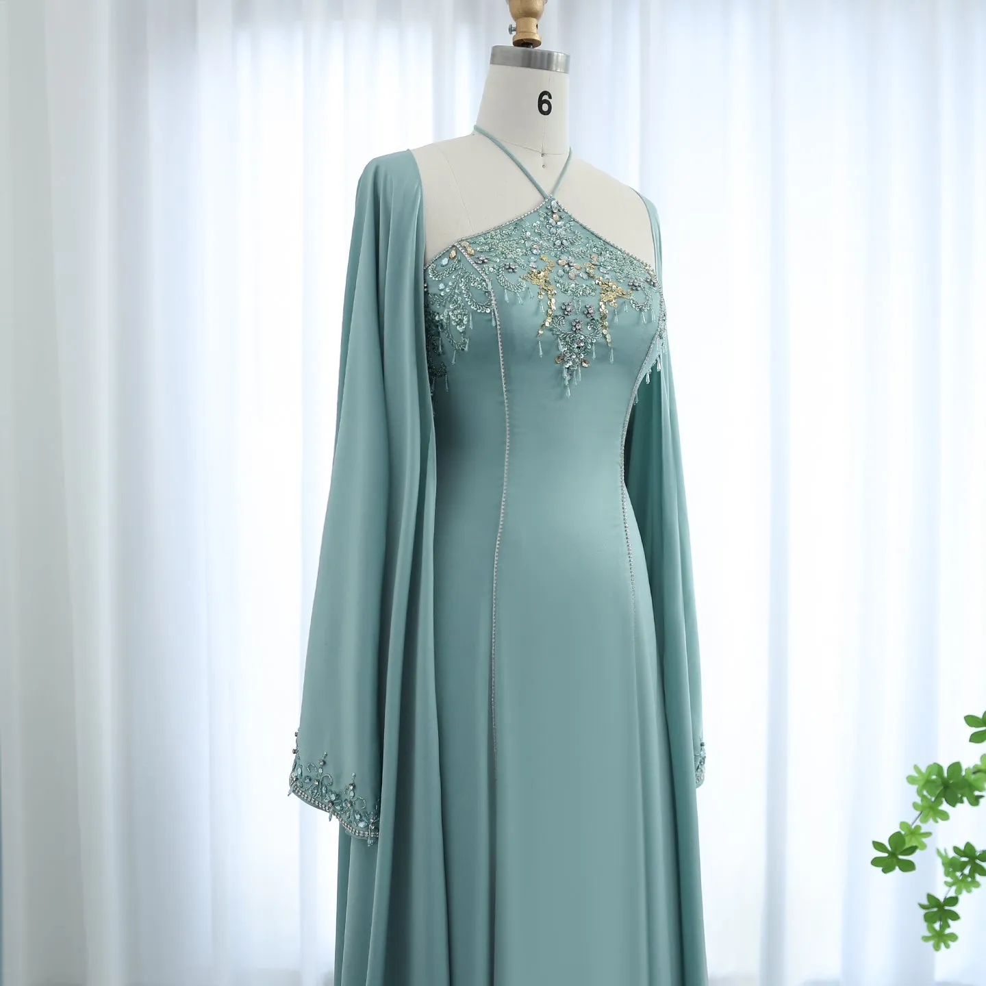 Luxury Sage Green Halter Evening Dress with Cape SS301