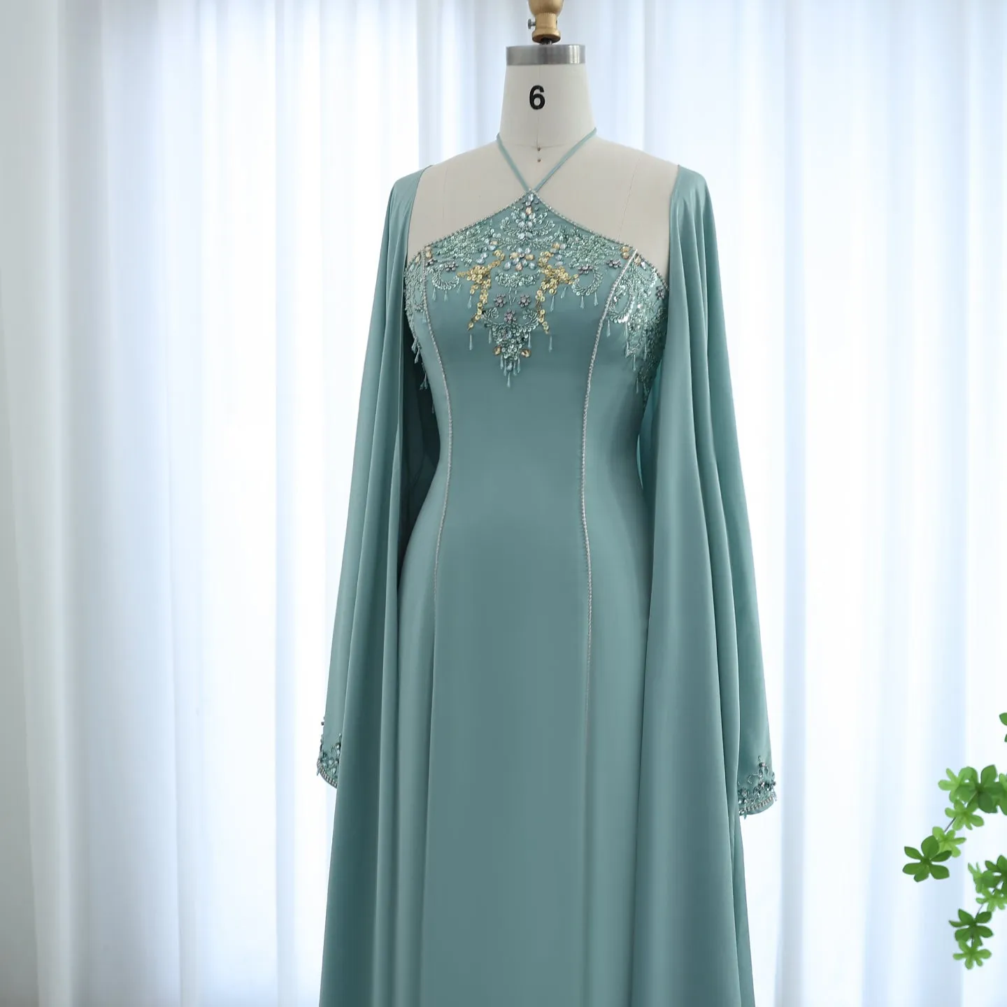 Luxury Sage Green Halter Evening Dress with Cape SS301