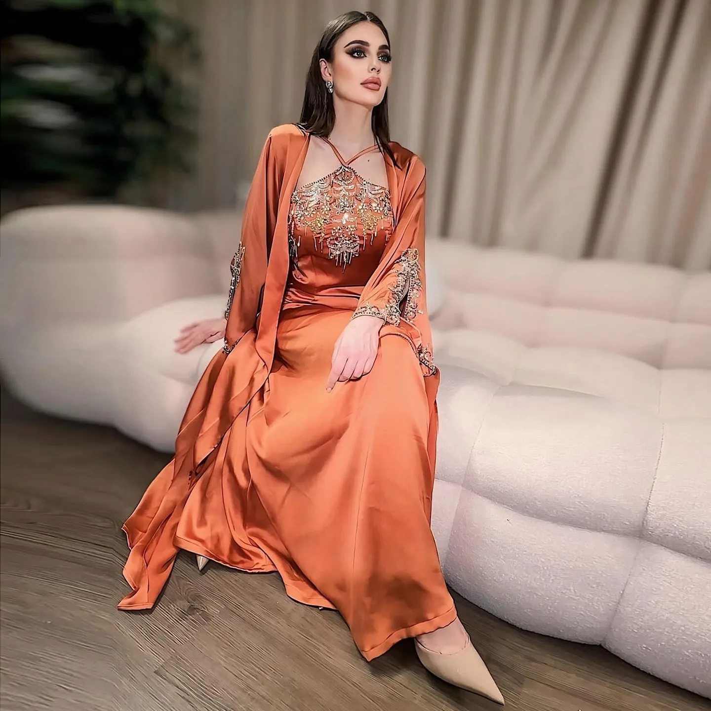 Luxury Sage Green Halter Evening Dress with Cape SS301