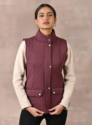 Maroon Solid Sleeveless Quilted Jacket With Rivets Detail & Curved Hem